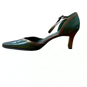 Vintage Pierre Michel Delicate Olive Green w Bronze Trim, Ankle Strap Heels